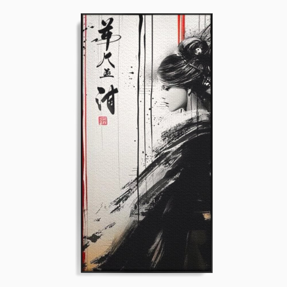 Tablou canvas cu tablou vertical cu gheisa in tus, in rama de aluminiu negru